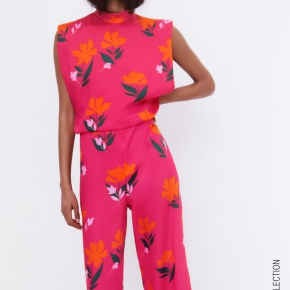 NWT Zara Long Print Jumpsuit pink size Small - Picture 1 of 12